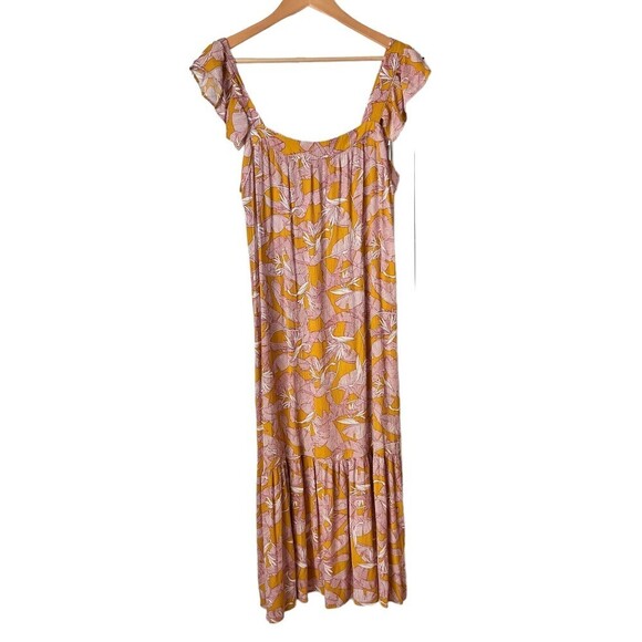 Knox Rose Dress Poppy Floral Tan Pink Scoop Neck Midi Maxi Womens Size L Large - Picture 1 of 11